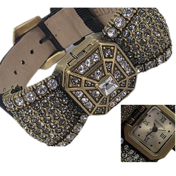Heidi Daus Crystal Deco Bow Hidden Watch/Bracelet - Leather Band - New Battery - Picture 1 of 12